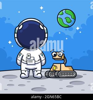 Piccolo astronauta con mini Space explorer robot nella luna in linea carina arte illustrazione stile Foto Stock