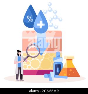 donna ricercatore sta analizzando acido ialuronico come siero idratante per l'elasticità della pelle e anti invecchiamento nel suo laboratorio moderno cartoon colore piatto Illustrazione Vettoriale