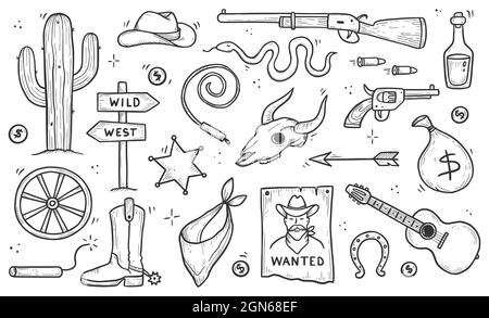 Cowboy occidentale Doodle set. Stile della linea di schizzo disegnato a mano. Cappello cowboy, cranio vacca, pistola, elemento cactus. Illustrazione del vettore Wild West. Illustrazione Vettoriale