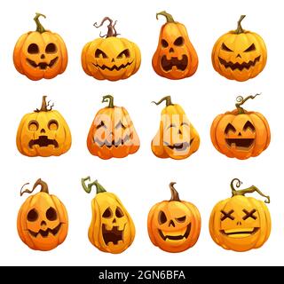 Fumetto Halloween zucche, Jack o lanterna isolato personaggi spaventosi. Lanterne di zucca di Halloween, carino felice con sorriso spaventoso sul viso, vacanze horror e zucche notte spooky con incisioni creepy Illustrazione Vettoriale