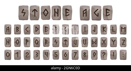 Viking rune alfabeto età pietra, carattere celtico con antiche tracce runica su pezzi di roccia grigia. ABC nordic Style lettere, cifre e segni di punteggiatura scandinavi, simboli del tipo futark, set vettoriale Cartoon Illustrazione Vettoriale