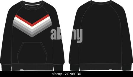 Felpa a manica lunga in cotone felpe in pile con fascia toracica Stampa tecnica disegno piano modello vettoriale vista frontale e posteriore. Illustrazione Vettoriale