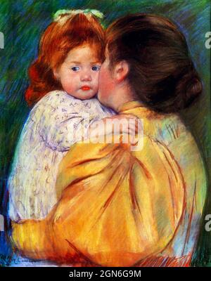 Mary Cassatt artwork - Maternal Kiss - una madre che tiene la sua giovane figlia in braccio la bacia sulla guancia. Foto Stock