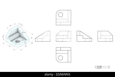 Disegno tecnico con viste prospettiche e ortogonali con timbro Immagine e  Vettoriale - Alamy