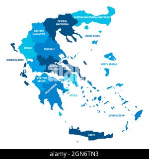 Mappa politica blu della Grecia. Divisioni amministrative - amministrazioni decentrate. Semplice mappa vettoriale piatta con etichette. Illustrazione Vettoriale