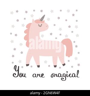 Simpatico unicorno con grafica slogan - sei magico, divertente e colorato personaggio di pony cartoni animati. Caratteri vettoriali divertenti, illustrati disegnati a mano scandinavi Illustrazione Vettoriale