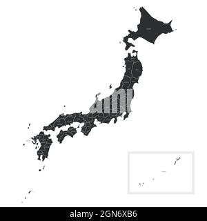Mappa politica grigia del Giappone. Divisioni amministrative - prefetture. Semplice mappa vettoriale piatta con etichette. Illustrazione Vettoriale
