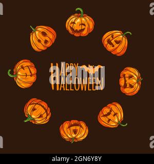 Happy Halloween Scary Pumpkins con facce Round Frame. Modello di scheda lanterna con jack di zucca a forma di cerchio per biglietti d'auguri, poster, design e decorazione per le feste autunnali. Vettore Premium Illustrazione Vettoriale