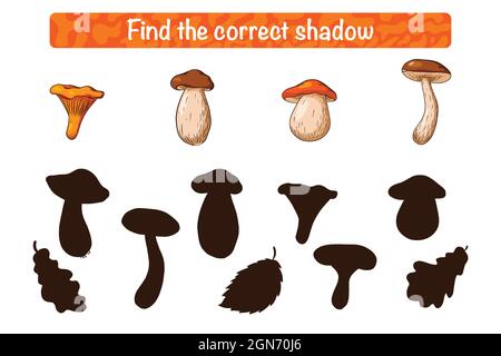 Trova il gioco educativo corretto dell'ombra del fungo commestibile per i bambini. Attività di abbinamento silhouette per bambini con funghi. Puzzle prescolare. Foglio di lavoro didattico. Vettore Premium Illustrazione Vettoriale