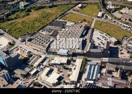 Una fotografia aerea dell'area di Holbeck che mostra Temple Mills, Leeds, West Yorkshire, Northern England, UK Foto Stock