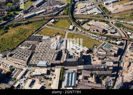 Una fotografia aerea dell'area di Holbeck che mostra Temple Mills, Leeds, West Yorkshire, Northern England, UK Foto Stock