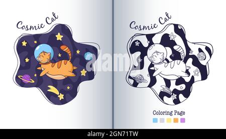 Cosmic Cat in Space Coloring Page. Stile cartoon. Astronauta gatto in galassia bambini illustrazione. Vettore Premium Illustrazione Vettoriale