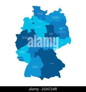 Mappa politica blu della Germania. Divisioni amministrative - Stati federali e 3 città-stati - Berlino, Brema e Amburgo. Semplice mappa vettoriale piatta con etichette Illustrazione Vettoriale