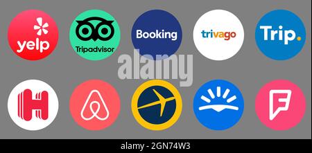 Vinnytsia, Ucraina - 15 settembre 2021. I logo più richiesti per le applicazioni di viaggio online: tripadvisor.com, Booking.com, Airbnb, Expedia, Trivago, Skyscanner, Illustrazione Vettoriale