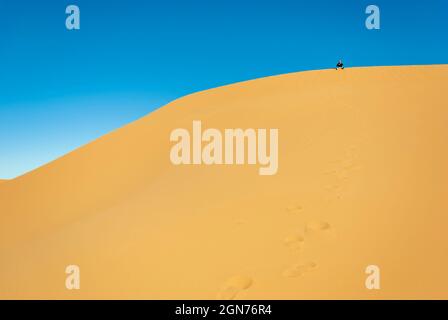 uomo che cammina nelle dune del deserto in una giornata di sole Foto Stock