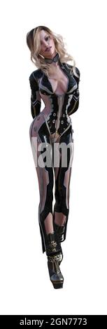 illustrazione 3d di una donna con capelli biondi miele in una forma vestito corpo con la testa inclinata su uno sfondo bianco. Foto Stock