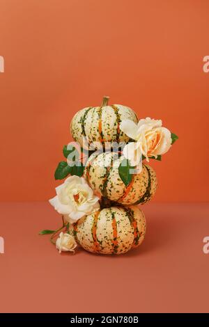 Composizione autunnale creativa composta da zucche e fiori rose su sfondo arancione. Raccolta autunnale Thanksgiving Halloween anniversario carta di invito Foto Stock