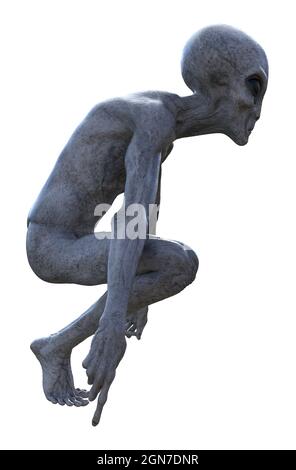illustrazione 3d di uno squatting alieno isolato su sfondo bianco. Foto Stock