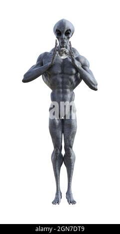 illustrazione 3d di un alieno grigio con un corpo muscolare tonico che tiene una luna tra le mani isolate su sfondo bianco. Foto Stock