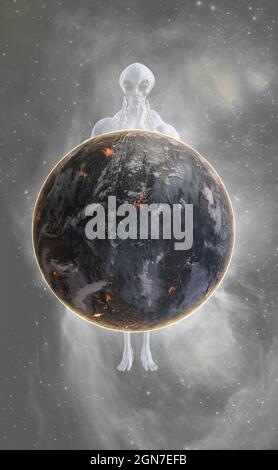 illustrazione 3d di un alieno grigio con le mani separate su uno sfondo stellato con un pianeta in primo piano. Foto Stock