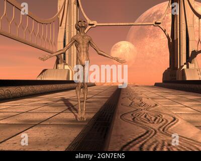 illustrazione in 3d di un alieno grigio appoggiato alla schiena con le braccia separate mentre si guarda verso l'alto su un mondo extraterrestre. Foto Stock