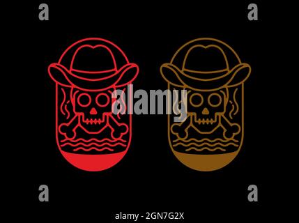 Line art del design del cranio e del cappello cowboy Illustrazione Vettoriale