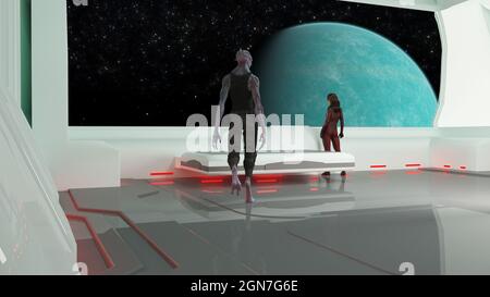 illustrazione 3d di una donna che guarda una finestra su un pianeta blu nello spazio con un alieno che cammina verso di lei. Foto Stock