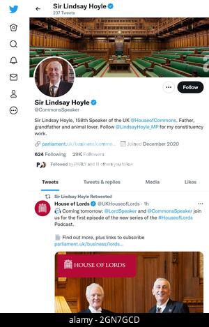 Pagina Twitter (settembre 2021) di Sir Lindsay Hoyle, Presidente della Camera dei Comuni. Foto Stock