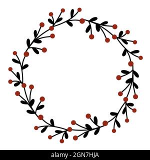 Corona di Natale da rami con foglie e bacche rosse illustrazione vettoriale. Cornice circolare per cartoline o Complimenti. Mirtillo tradizionale Illustrazione Vettoriale