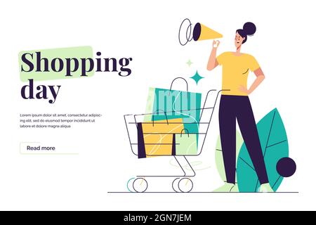 Illustrazione vettoriale raffigurante una giovane donna con altoparlante e carrello. Tratto modificabile Illustrazione Vettoriale