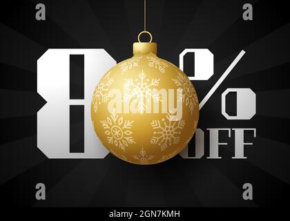Buon natale grande vendita banner. Vendita di Natale di lusso 80 per cento di sconto nero modello di bandiera reale con sfera dorata decorata appendere su un filo. Felice n Illustrazione Vettoriale