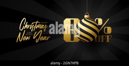 Buon natale grande vendita banner. Vendita di Natale di lusso 80 per cento di sconto nero modello di bandiera reale con sfera dorata decorata appendere su un filo. Felice n Illustrazione Vettoriale