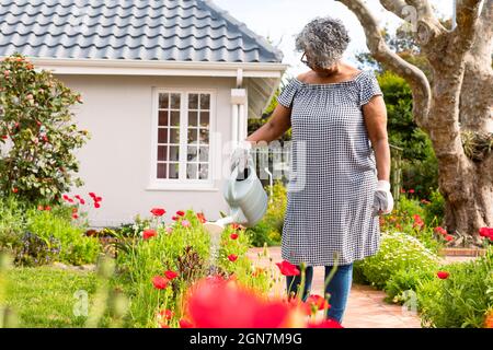 Donna africana americana anziana innaffiare piante in cortile Foto Stock