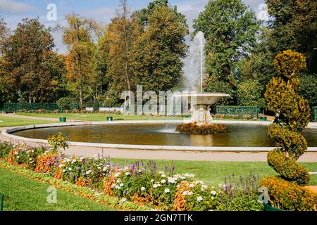 Bella fontana in un giorno d'estate. Parco verde luminoso con fiori in fiore. Giorno di sole Foto Stock