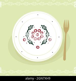 Piatto decorato con foglie di agrifoglio e bacche - illustrazione vettoriale Illustrazione Vettoriale