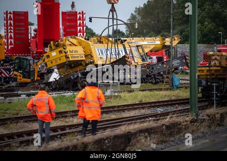 23 settembre 2021, bassa Sassonia, Emden: Le gru montate su autocarri vengono utilizzate per sollevare una gru per la costruzione di binari deragliati di peso superiore a 100 tonnellate. La gru per la costruzione di ferrovie è stata deragliata la scorsa settimana al molo di Borkum e ora deve essere recuperata. Foto: Sina Schuldt/dpa Foto Stock