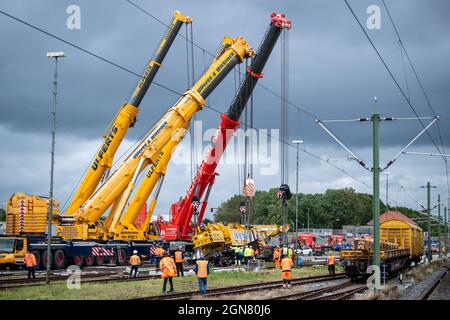 23 settembre 2021, bassa Sassonia, Emden: Le gru montate su autocarri vengono utilizzate per sollevare una gru per la costruzione di binari deragliati di peso superiore a 100 tonnellate. La gru per la costruzione di ferrovie è stata deragliata la scorsa settimana al molo di Borkum e ora deve essere recuperata. Foto: Sina Schuldt/dpa Foto Stock