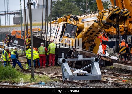 23 settembre 2021, bassa Sassonia, Emden: Le gru montate su autocarri vengono utilizzate per sollevare una gru per la costruzione di binari deragliati di peso superiore a 100 tonnellate. La gru per la costruzione di ferrovie è stata deragliata la scorsa settimana al molo di Borkum e ora deve essere recuperata. Foto: Sina Schuldt/dpa Foto Stock