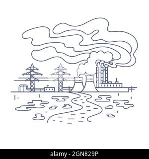 Concetto di inquinamento di fabbrica. Illustrazione della linea vettoriale di pianta di energia con i camini fumanti, suolo inquinante, acqua ed aria intorno con spreco tossico Illustrazione Vettoriale