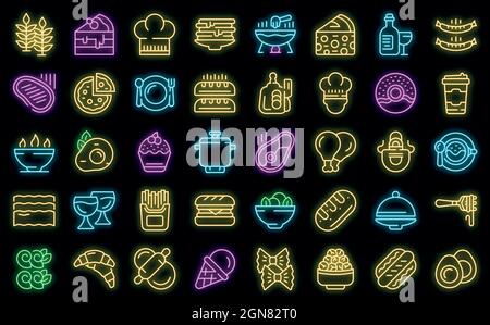Icone della cucina francese impostate. Contorno set di icone vettoriali cucina francese colore neon nero Illustrazione Vettoriale