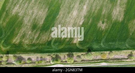 Strada sterrata lungo il canale di melorazione abbandonato. Terreno agricolo, vista aerea. Foto Stock
