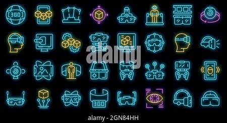 Icona piattaforma VR. Contorno icona vettore piattaforma vr colore neon nero Illustrazione Vettoriale