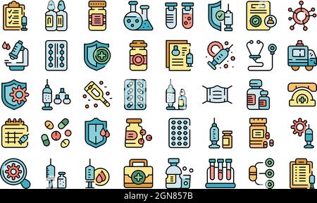 Le icone dei medicinali antivirali impostano il vettore di contorno. Siringa Covid. Iniezione di farmaco Illustrazione Vettoriale