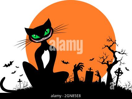 Gatto nero sullo sfondo di una luna piena con pipistrelli e cimitero con mani zombie. Halloween elementi per la decorazione di volantino, invito, gre