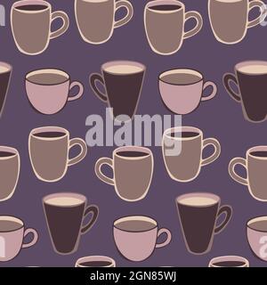 Motivo vettoriale senza cuciture con tazze e tazze di diverse forme. Tazze con caffè e cacao. Illustrazione Vettoriale