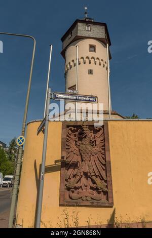 Vista della torre di avvistamento di Sachsenhausen a Francoforte, Germania Foto Stock