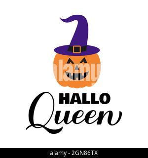 Halloqueen Hallo scritta regina. Divertente citazione del pun di Halloween. Cute zucca Jack o lanterna. Modello vettoriale per poster tipografico, biglietto d'auguri, banner Illustrazione Vettoriale