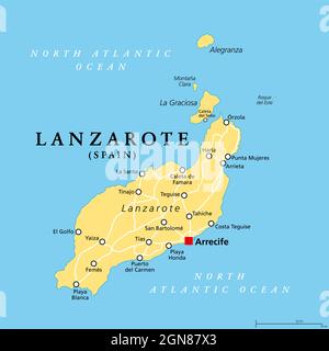 Lanzarote, mappa politica con Arrecife capitale. Isola più settentrionale e orientale delle Isole Canarie, arcipelago e comunità autonoma della Spagna. Foto Stock