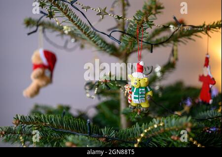 primo piano di una decorazione di natale renna appesa su un albero tradizionale reale con luci e baubles e perle Foto Stock