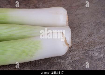 Tre verdure fresche da giardino radici di porri gallesi rifiniti su uno sfondo di ardesia Foto Stock